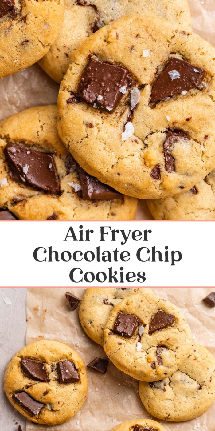 Pin graphic for air fryer chocolate chip cookies.