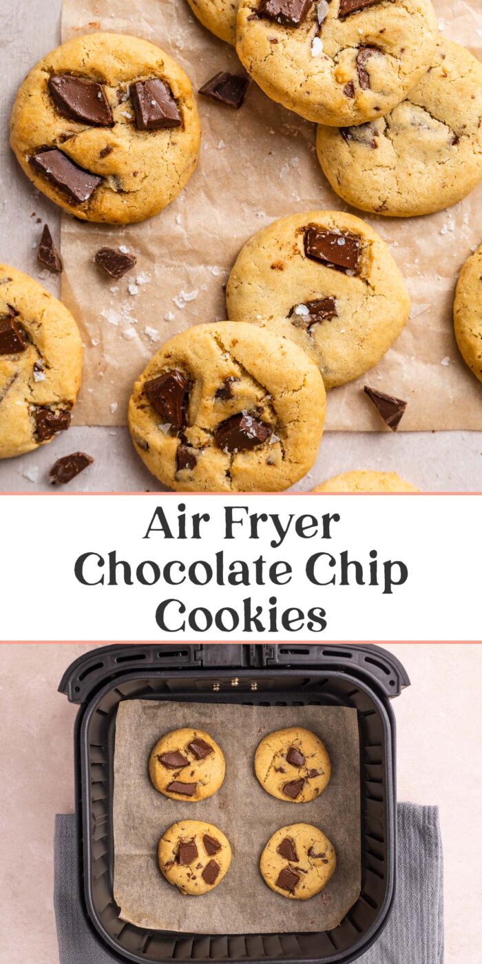 Pin graphic for air fryer chocolate chip cookies.