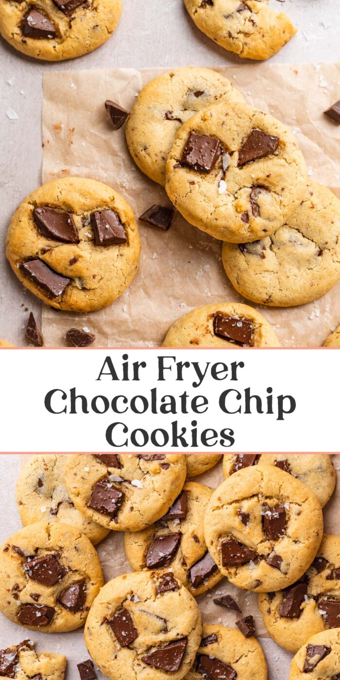 Pin graphic for air fryer chocolate chip cookies.