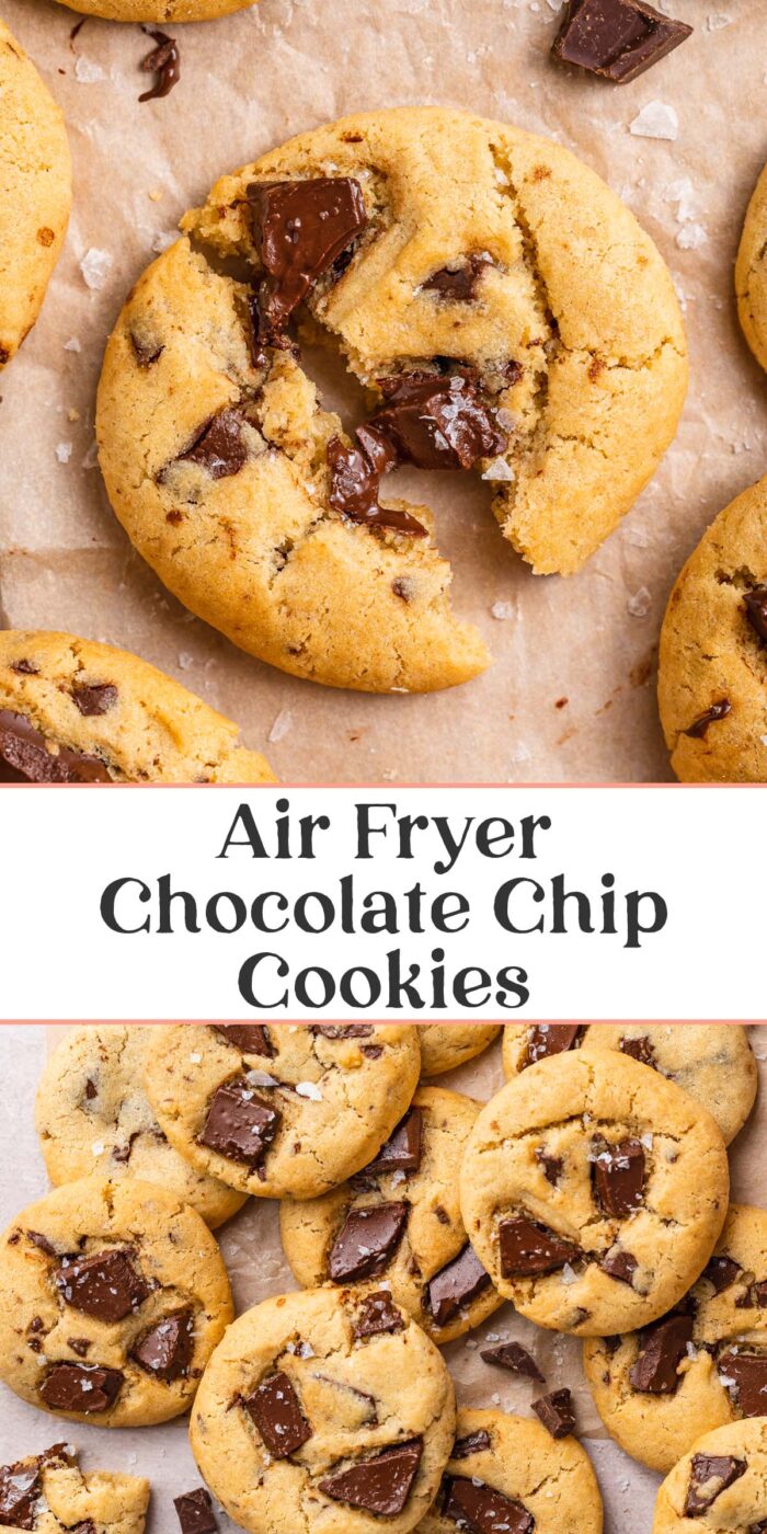 Pin graphic for air fryer chocolate chip cookies.