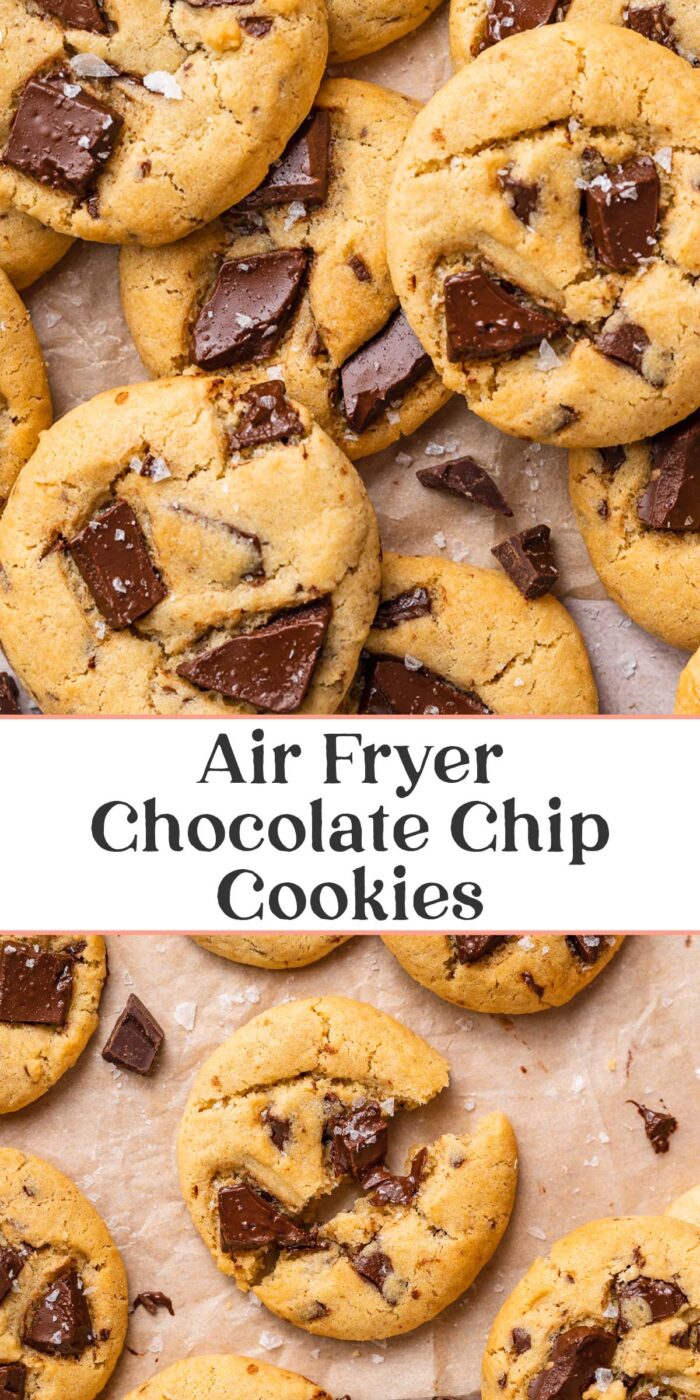 Pin graphic for air fryer chocolate chip cookies.