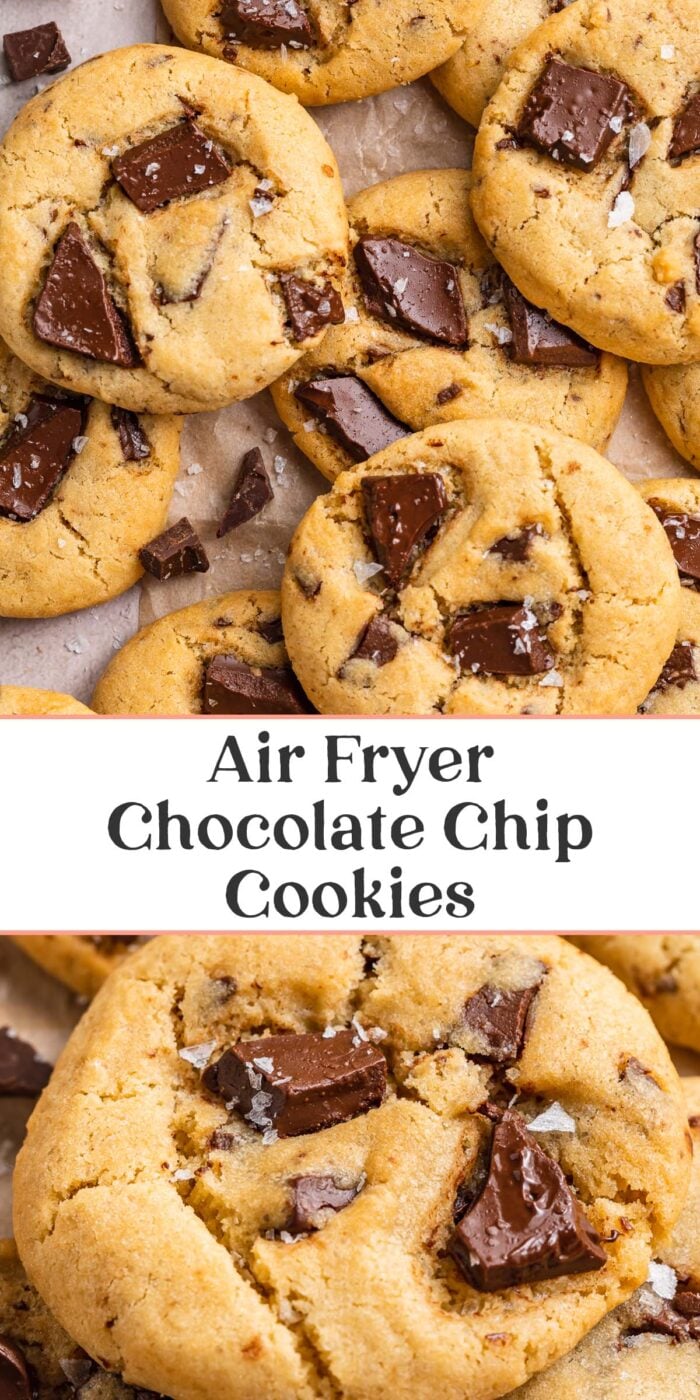 Pin graphic for air fryer chocolate chip cookies.