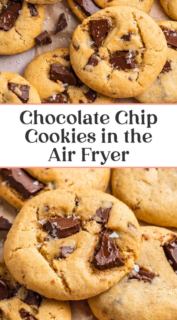 Pin graphic for air fryer chocolate chip cookies.