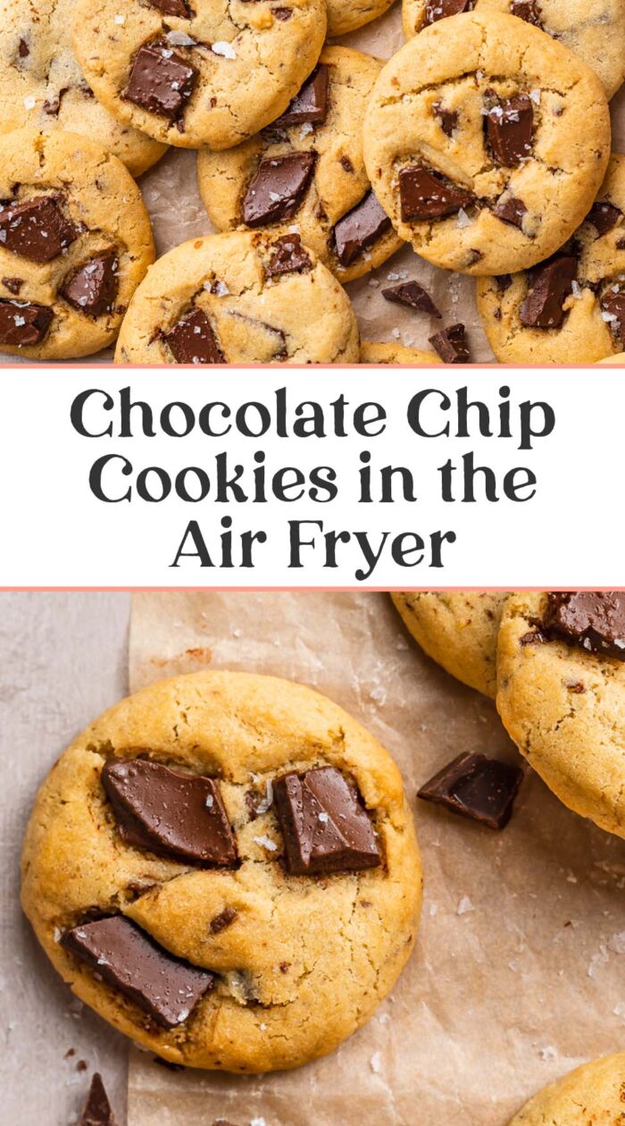Pin graphic for air fryer chocolate chip cookies.