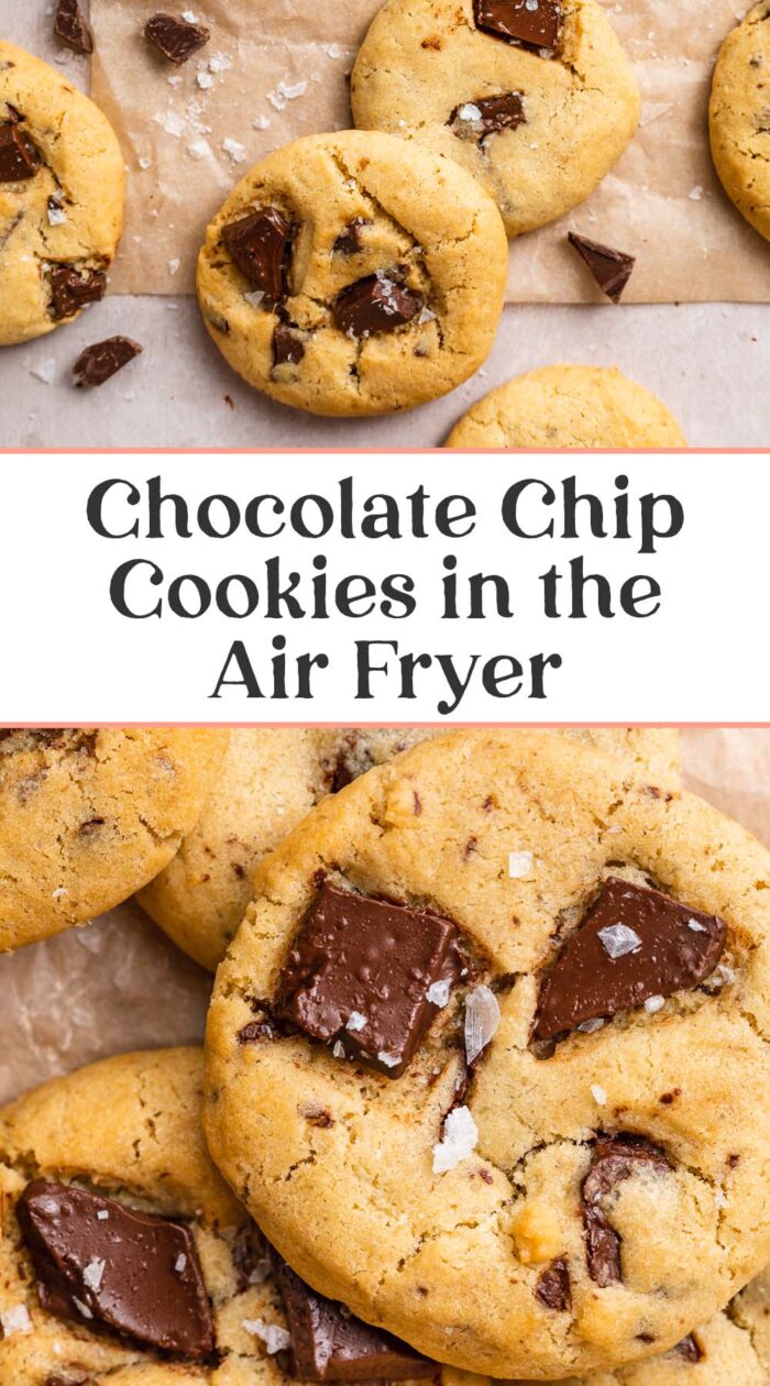 Pin graphic for air fryer chocolate chip cookies.