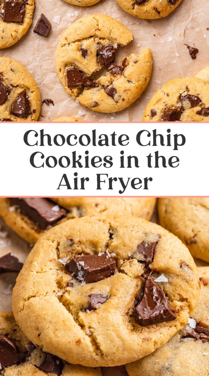 Pin graphic for air fryer chocolate chip cookies.