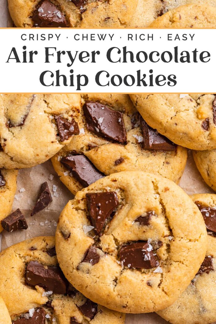 Pin graphic for air fryer chocolate chip cookies.