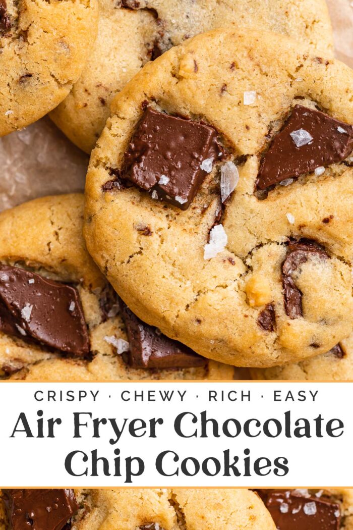 Pin graphic for air fryer chocolate chip cookies.