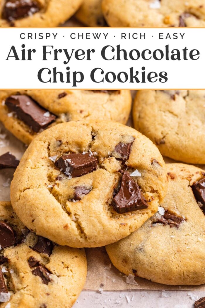 Pin graphic for air fryer chocolate chip cookies.