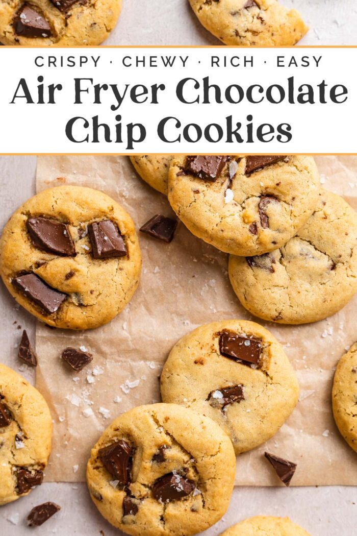 Pin graphic for air fryer chocolate chip cookies.