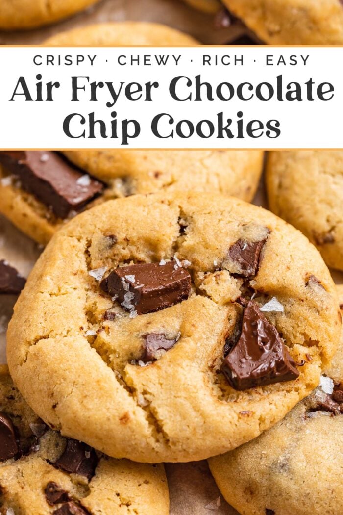 Pin graphic for air fryer chocolate chip cookies.
