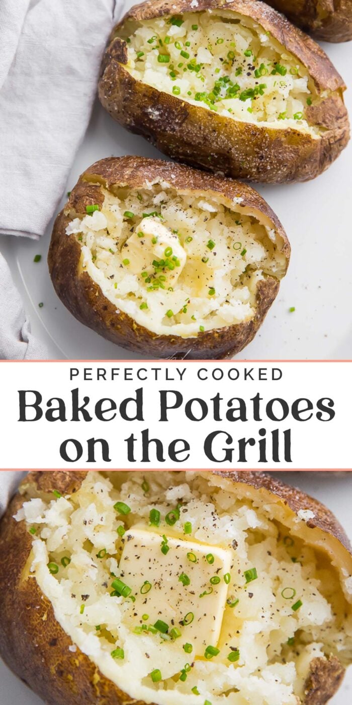 Pin graphic for baked potatoes on the grill.