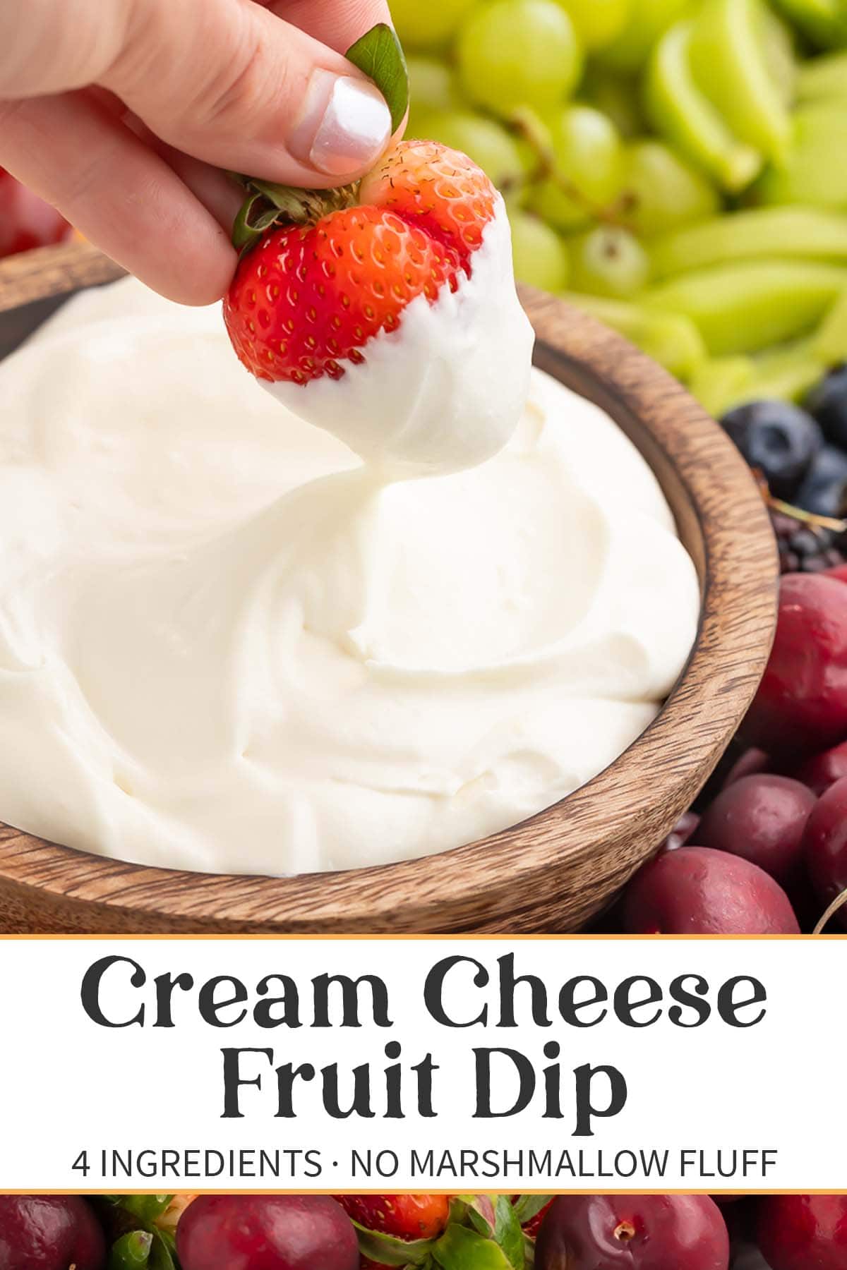 Pin graphic for cream cheese fruit dip.