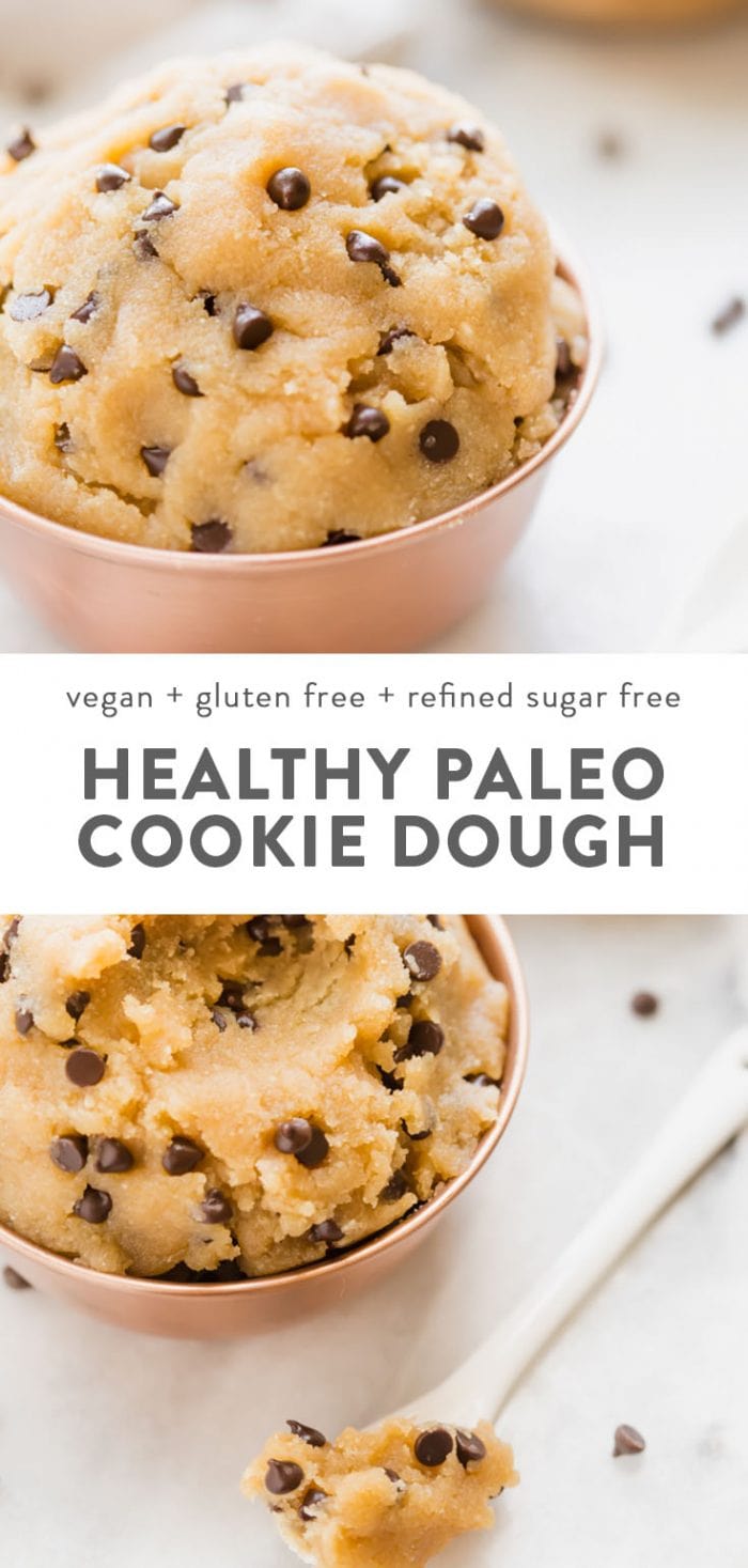 Healthy edible vegan and paleo cookie dough in a pink tin bowl on a marble table.