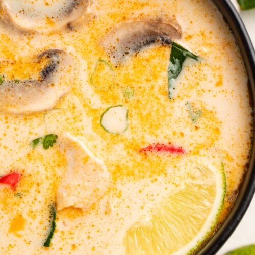 Instant Pot tom kha soup in a large black bowl