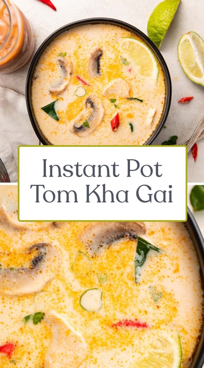 Pin graphic for Instant Pot tom kha soup