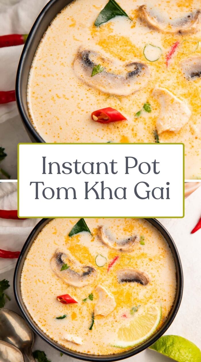 Pin graphic for Instant Pot tom kha soup