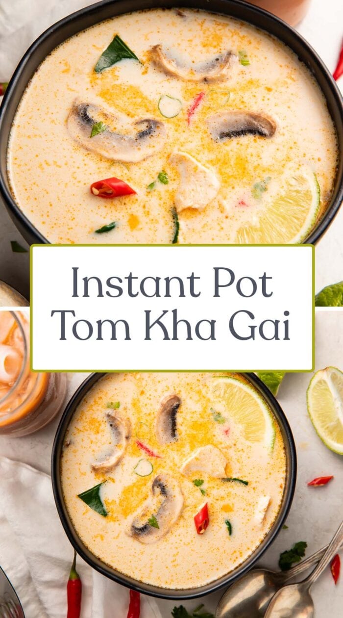 Pin graphic for Instant Pot tom kha soup