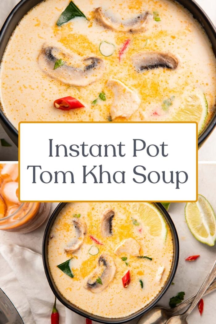 Pin graphic for Instant Pot tom kha soup