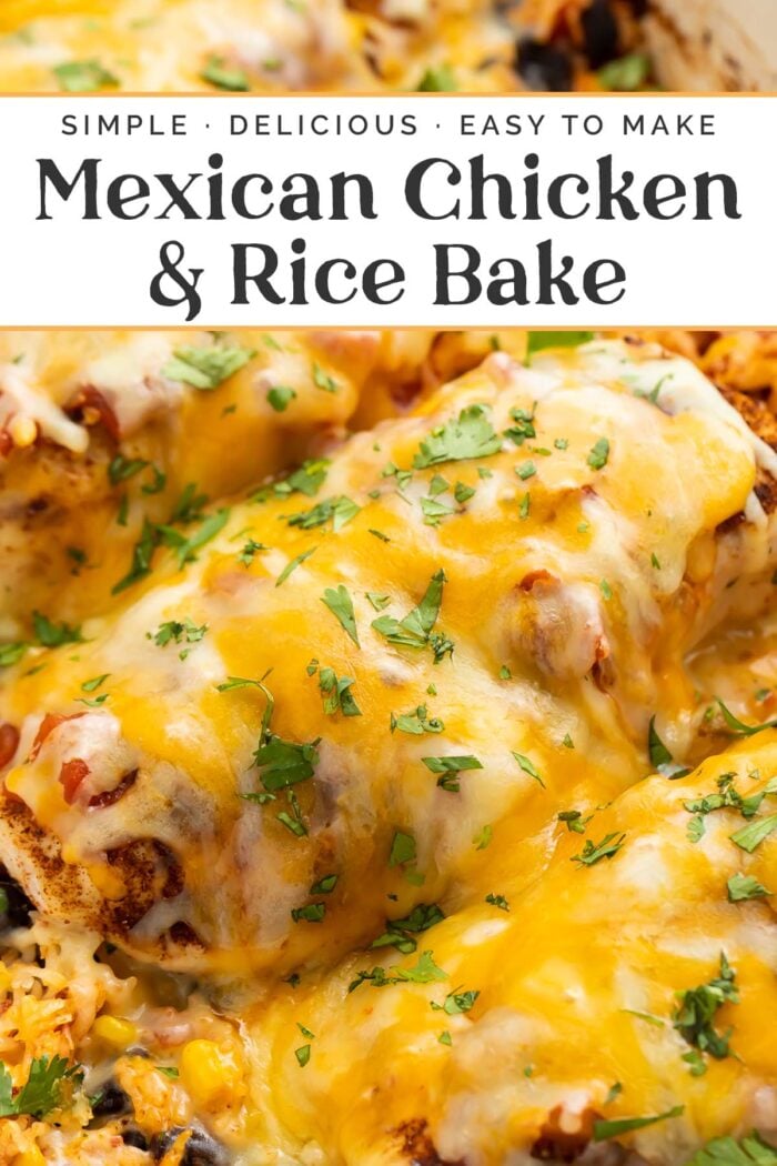 Pin graphic for Mexican chicken and rice bake.