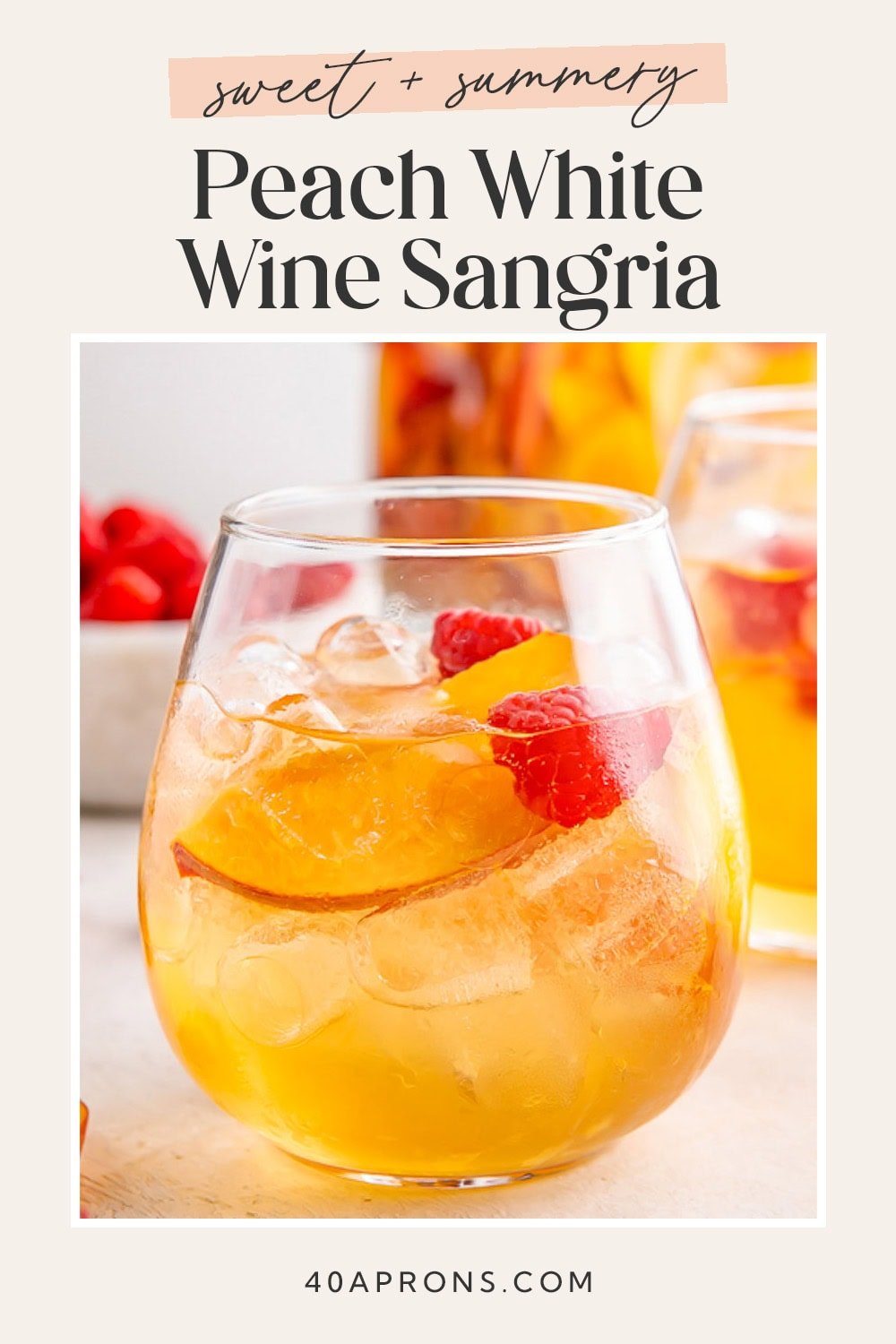 Pin graphic for peach white wine sangria.
