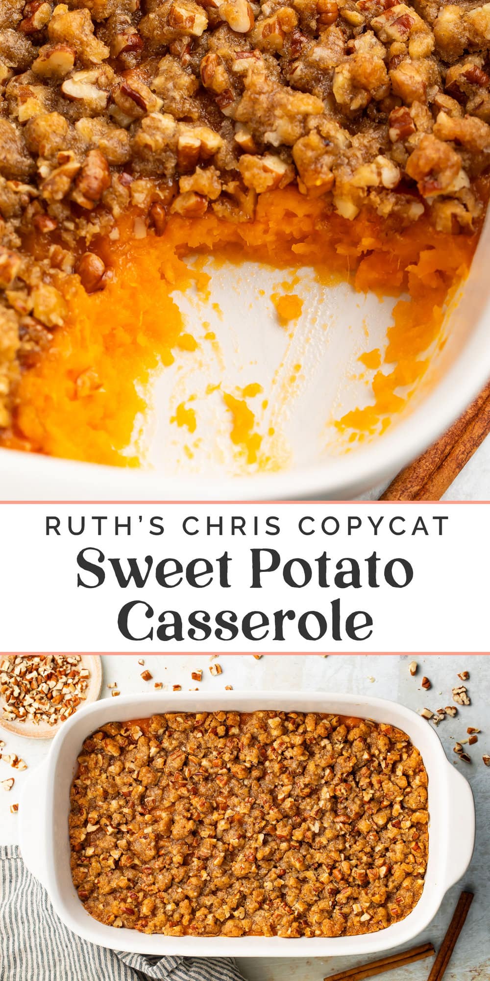 Pin graphic for Ruth's Chris sweet potato casserole.
