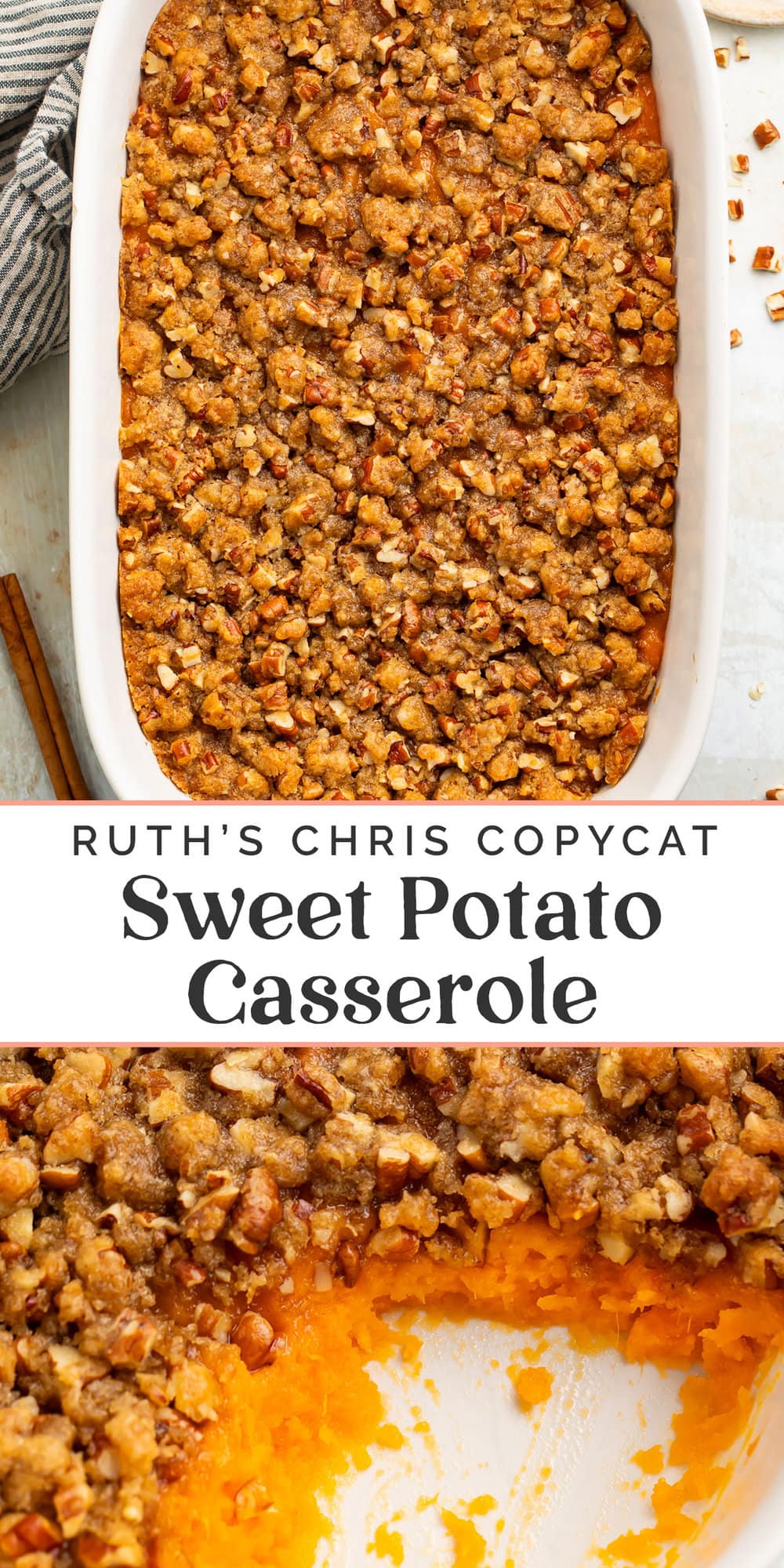 Pin graphic for Ruth's Chris sweet potato casserole.