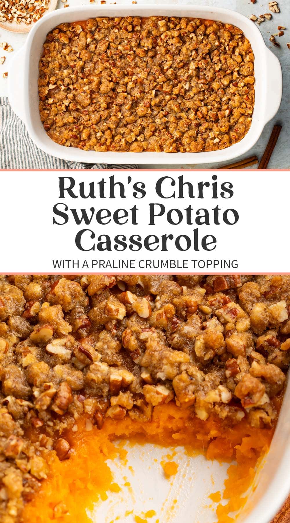 Pin graphic for Ruth's Chris sweet potato casserole.