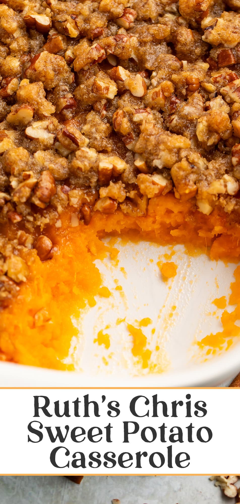 Pin graphic for Ruth's Chris sweet potato casserole.