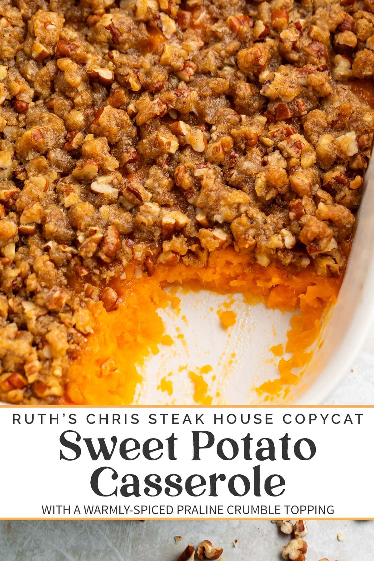 Pin graphic for Ruth's Chris sweet potato casserole.