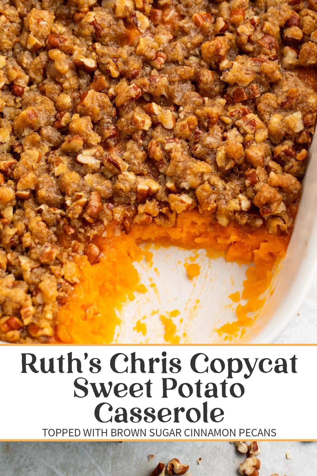 Pin graphic for Ruth's Chris sweet potato casserole.
