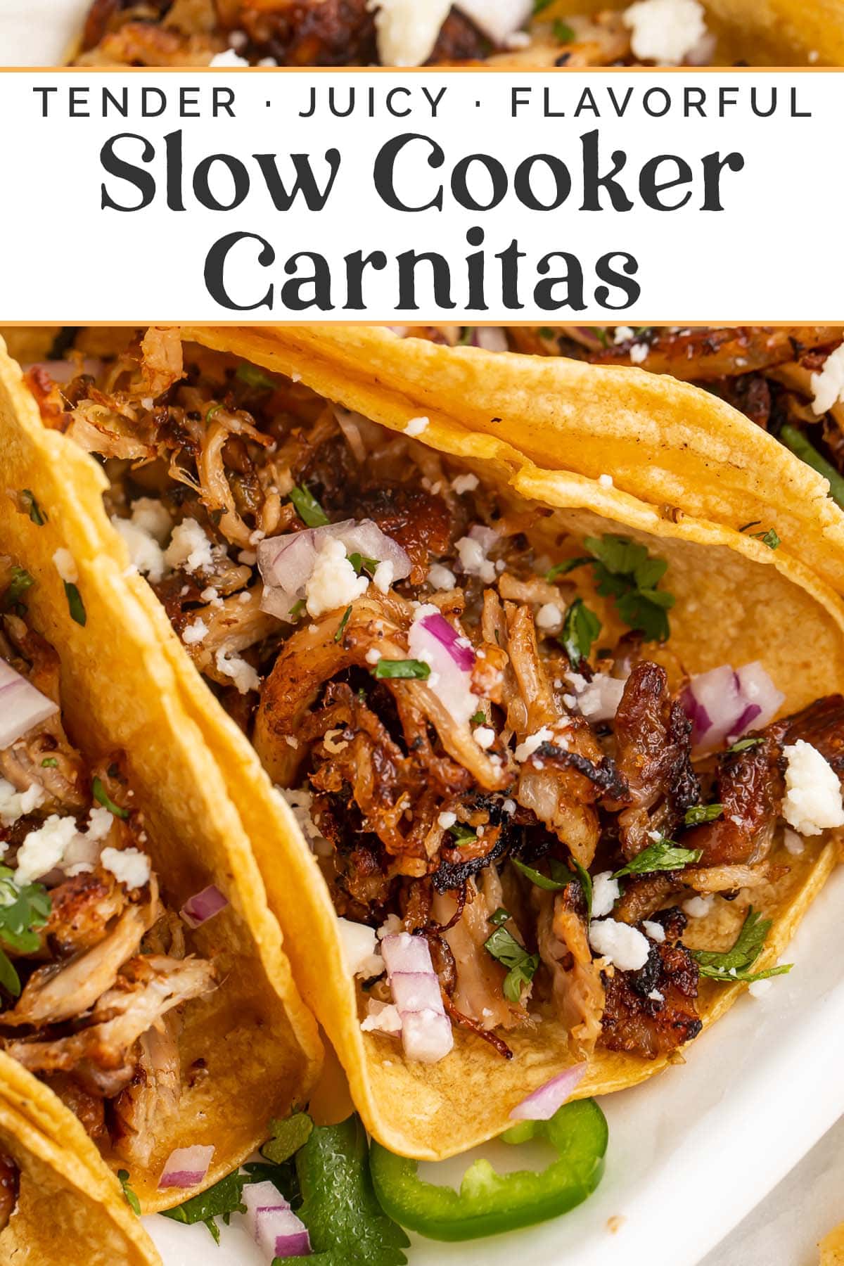 Pin graphic for slow cooker carnitas.